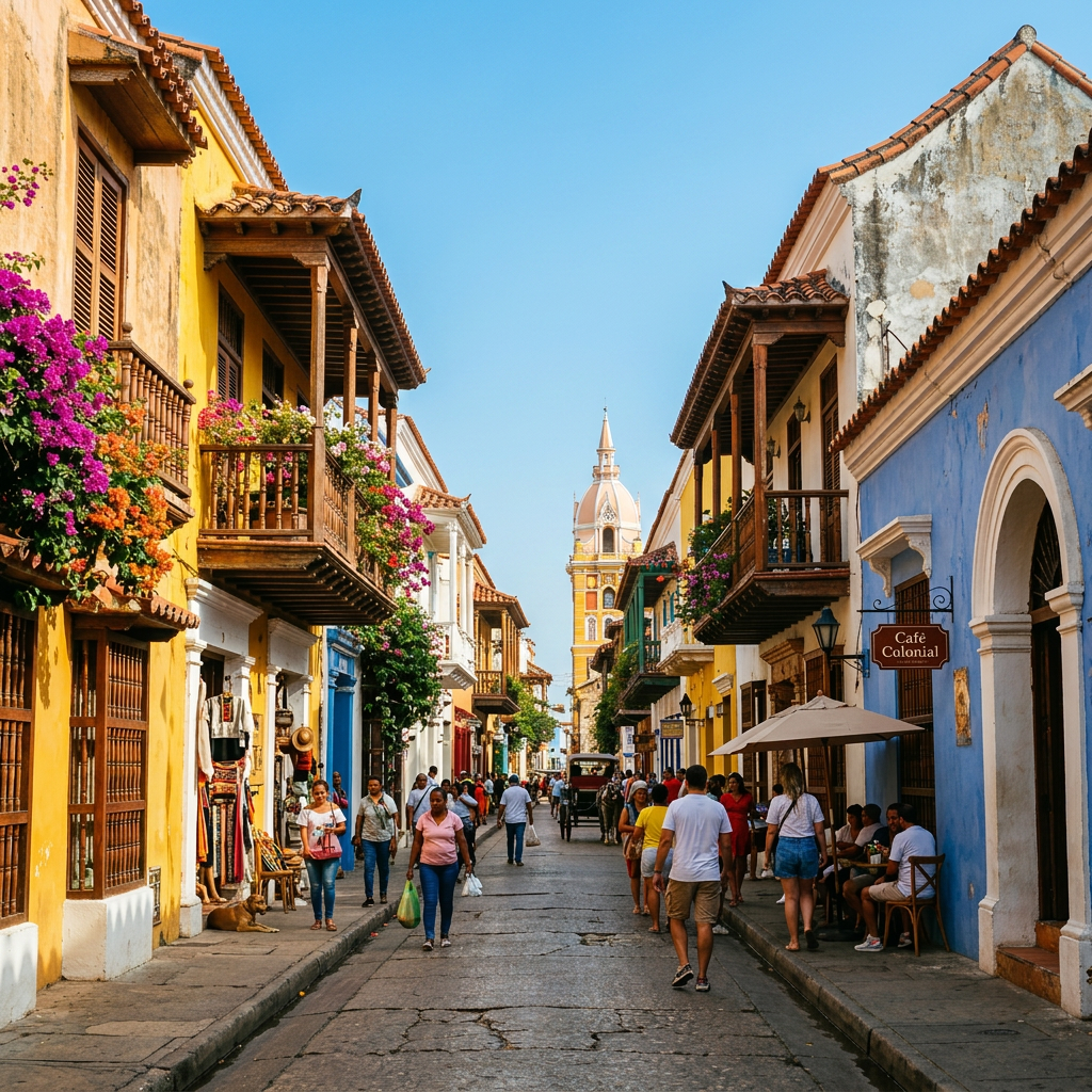 Busy street with colorful flags, colonial buildings, and pedestrians walking