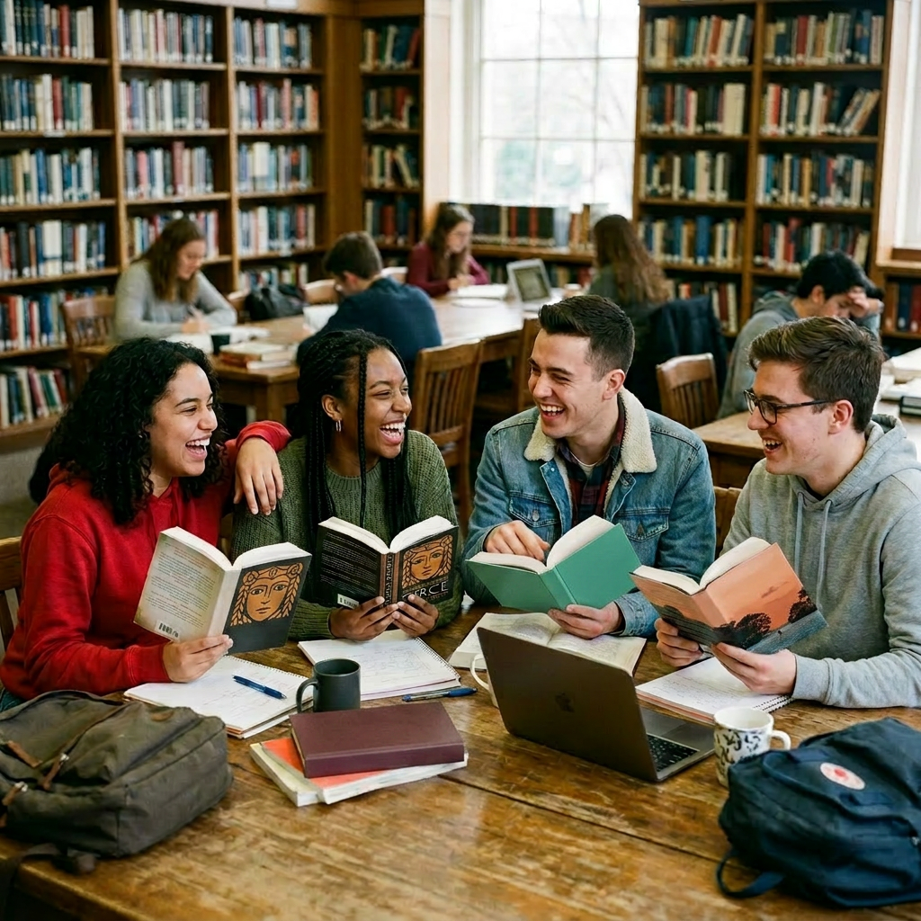 Four students sitting at a library table reading books and laughing together